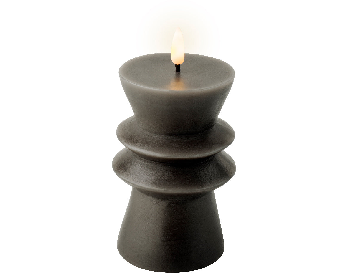 Grey Battery Operated Warm White LED Indoor Carved Candle - 8x15cm