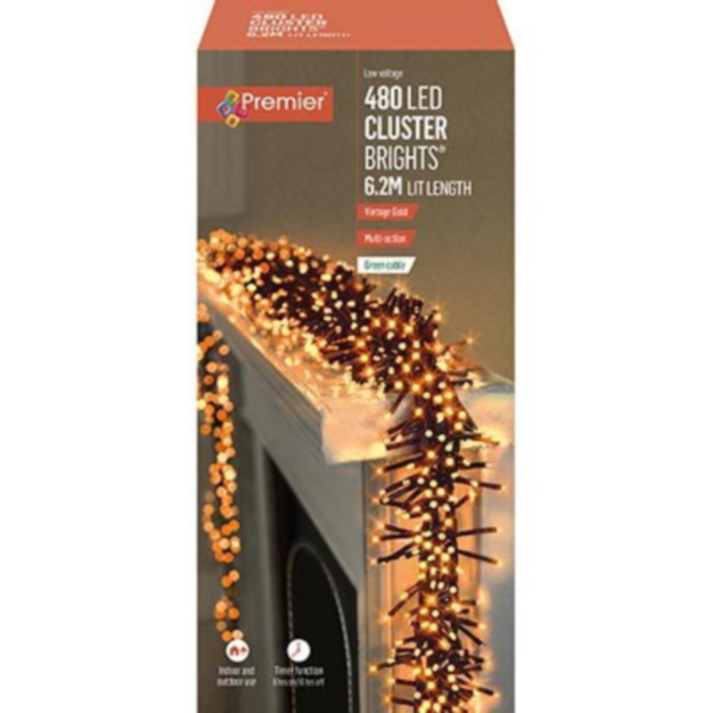 Premier - Vintage Gold LED Multi Action Christmas Cluster Lights Cluster Brights Green Cable
