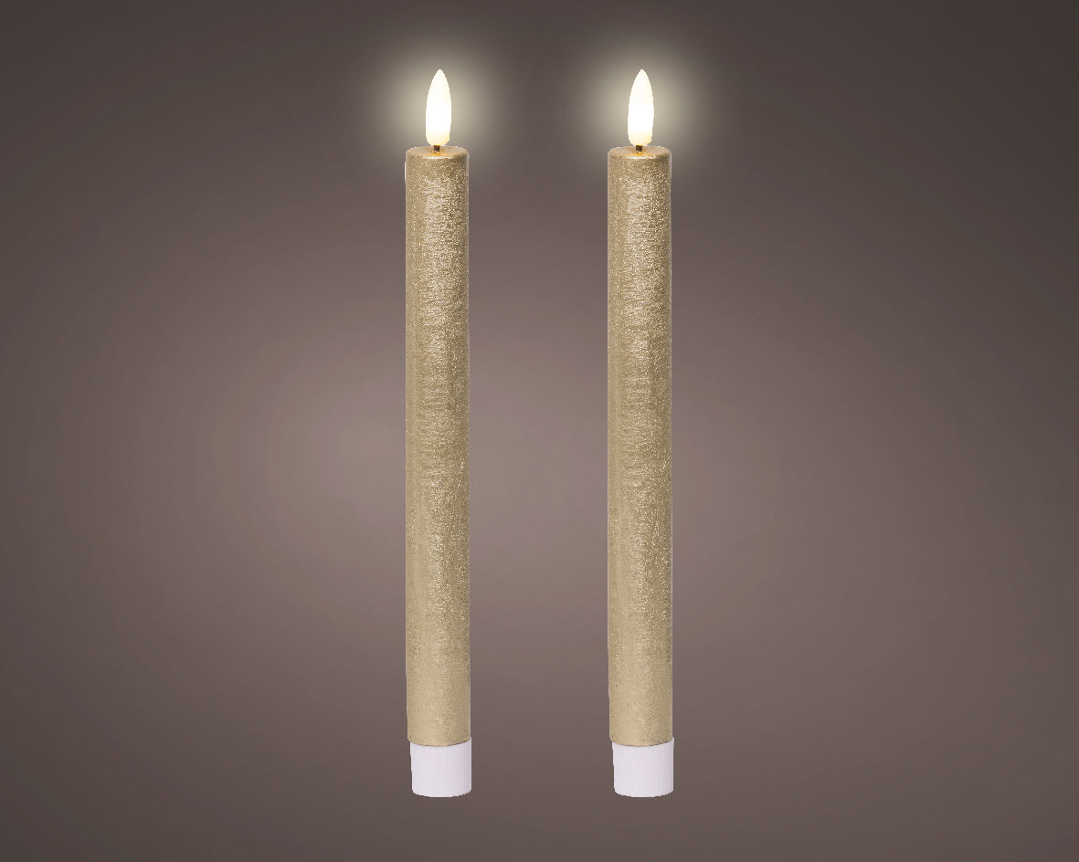 Set of 2 LED Gold Wax Dinner Candles with Flame Effect