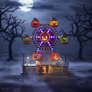 Halloween-themed ferris wheel with jack-o'-lantern lights in a dark, eerie landscape.