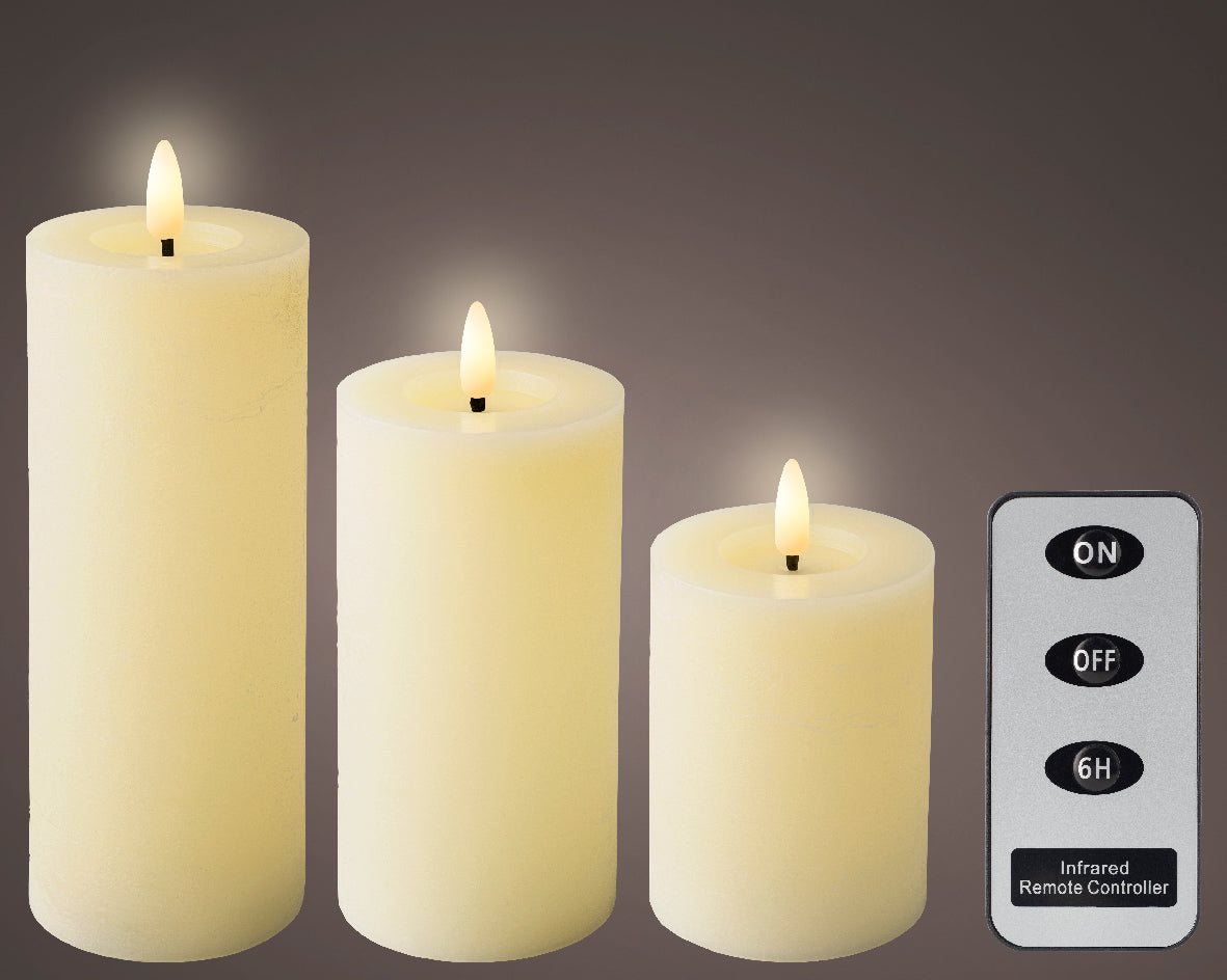 LED Set of 3 Cream Wax Candles with Flame Effect