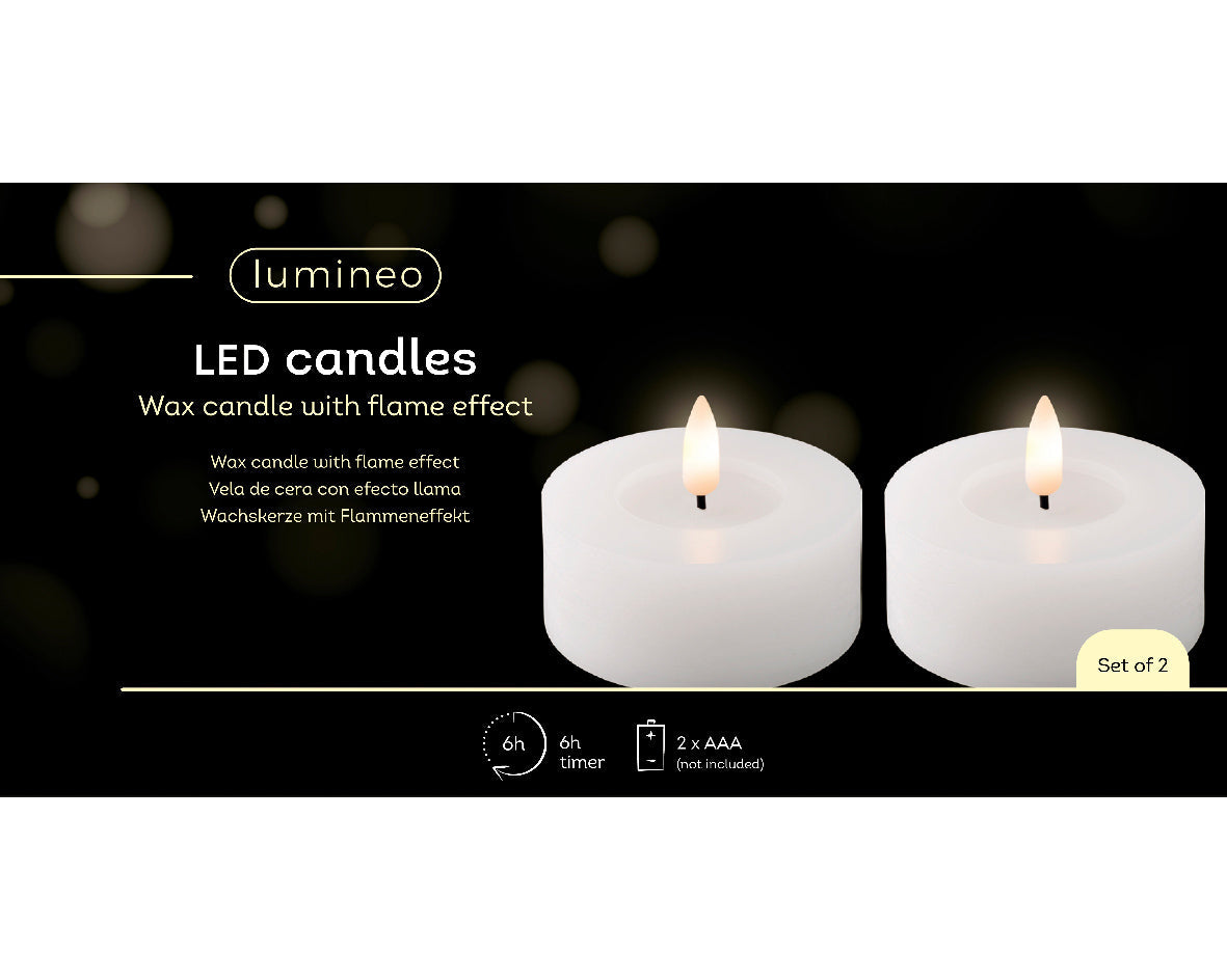 Set of 2 White LED Wax Wick Tealight Candle - Real Flame Effect Technology