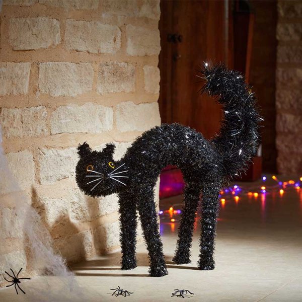 Halloween Scaredy-Cat Black Tinsel Cat Decoration