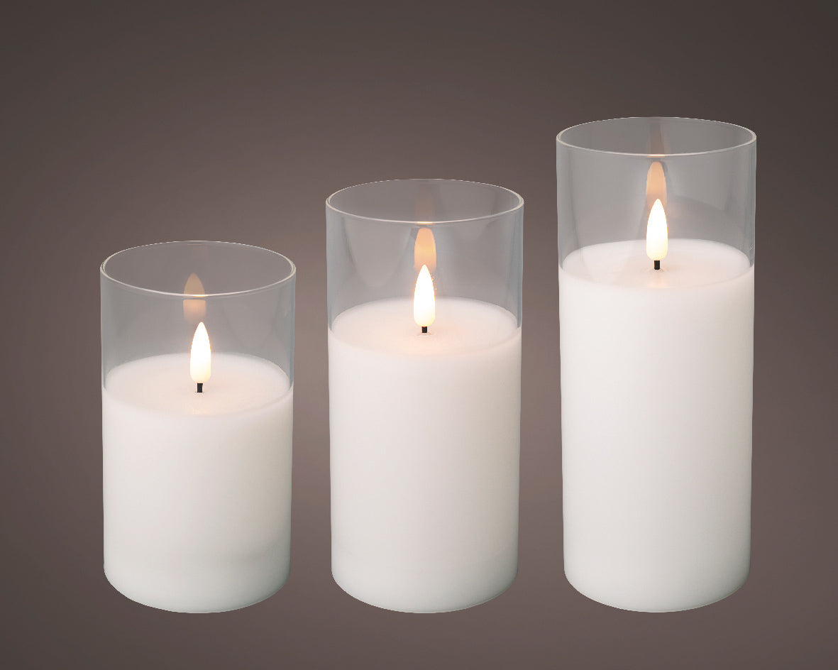 LED Wax White Glass Candles - Set of 3