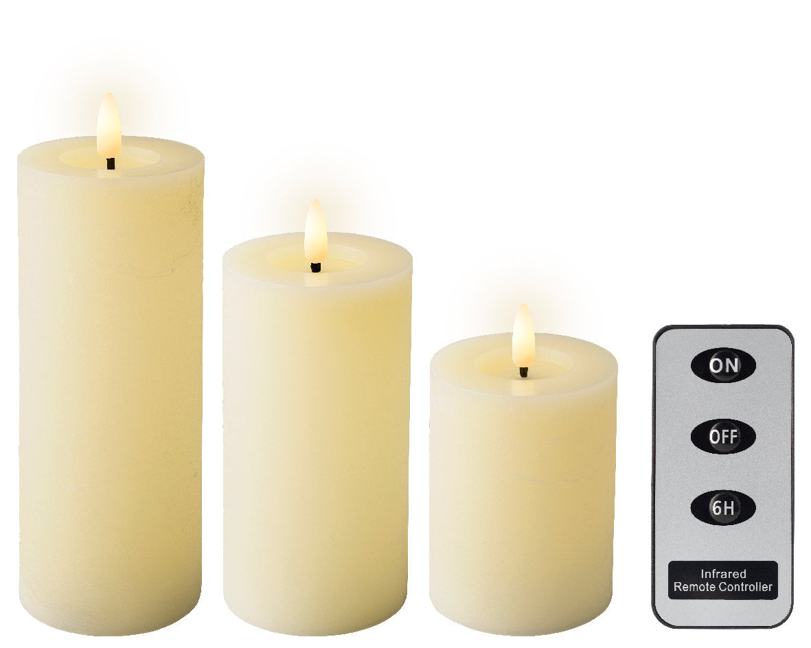 LED Set of 3 Cream Wax Candles with Flame Effect