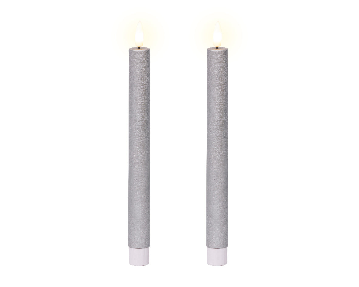 Set of 2 LED Silver Wax Dinner Candles with Flame Effect