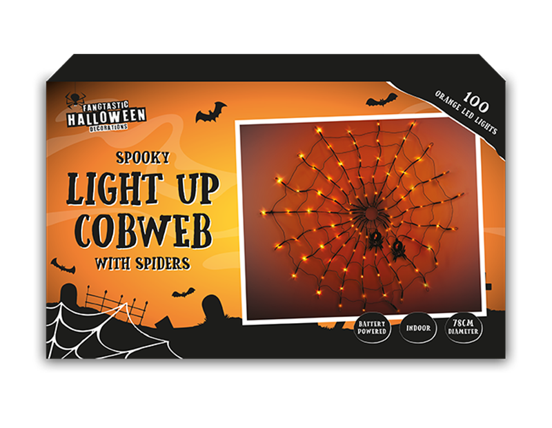 Spooky Light Up Orange Cobweb with Spiders 78cm Window Decoration
